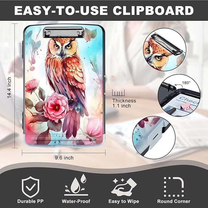 Clipboard with Storage,Storage Clipboard with Pen Holder,Heavy Duty Plastic Storage Clipboard with Low Profile Clip, Clipboard Folder, Teacher Must Haves, Office Supplies,owl Rose Flowers