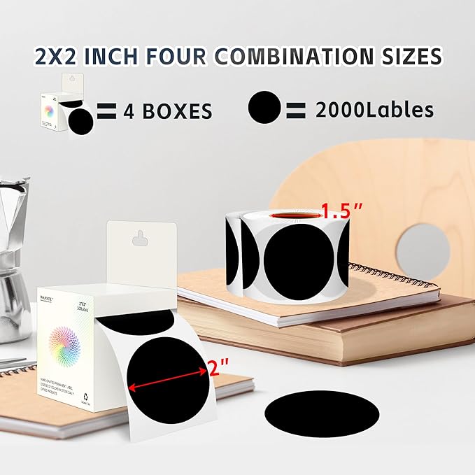2-Inch Black Circle Sticker Labels,2000Pcs 4 Rolls,Multi-Purpose Round Coding Labels for Office,Inventory, Organizing