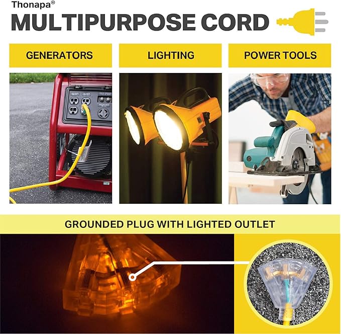 10 Gauge Extension Cord 25 Ft with 3 Outlets, 10/3 Heavy Duty Extension Cord with Multiple Outlets 3 Prong, SJTW Weatherproof Industrial Outdoor Electric Cable Yellow for Major Appliances
