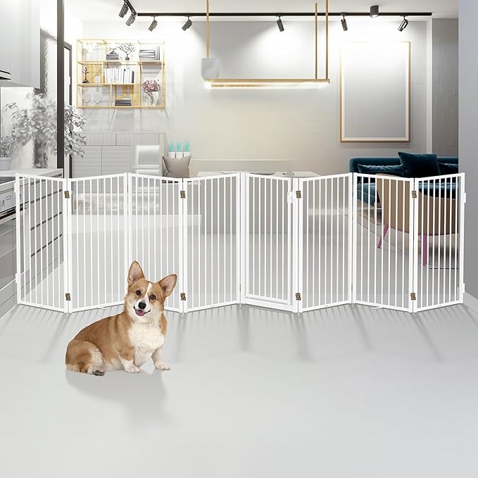 Metal Freestanding Dog Gates with Door for Outdoor Indoor,160'' Extra Wide 36'' Tall Free Standing Dog Gate for Doorways,Large Openings,Deck,Yard,Porch,Foldable Pet Fence (White,8 Panels)