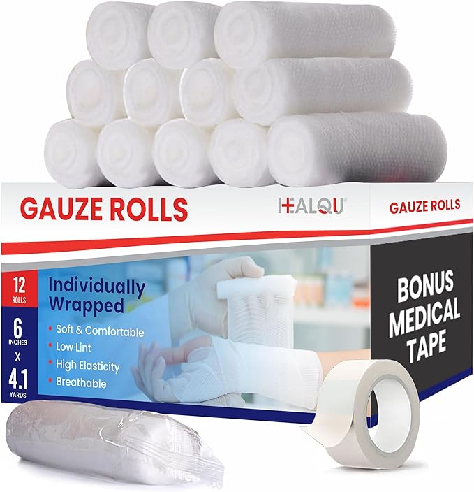 HEALQU Premium Gauze Rolls - 6' x 4.1 Yards - 12 Rolls, Individually Wrapped Conforming Stretch Gauze Bandage - Super Soft Woven Stretch Bandages for Primary Wound Dressing Support