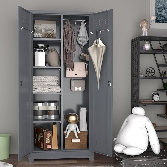 LUCYPAL Metal Storage Cabinet with Locking Doors,72.8" H Broom Closet Storage Cabinet with Shelves and Haging Rods,Garage Storage Cabinets for Kitchen,Utility Room,Grey