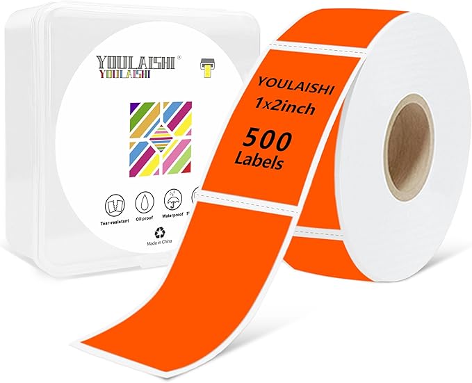 1x2 inch Label Stickers Roll for Thermal Printer 500PCS Colored Removable Freezer Labels Waterproof Blank Sticker Labels to Write on for Food Containers and Jars, Fluorescent Orange