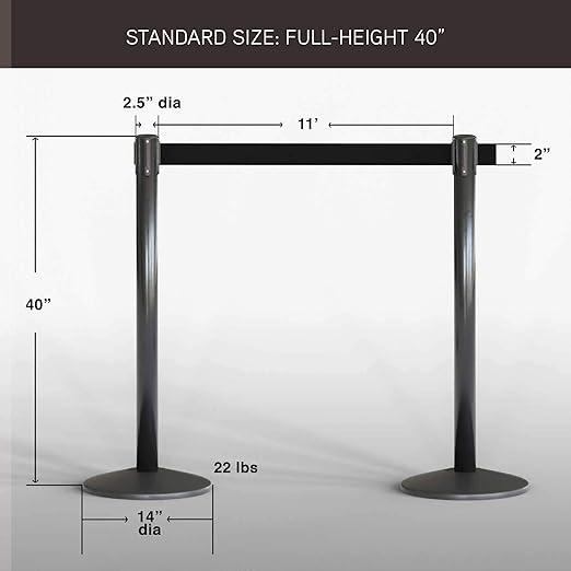 Qbuster Black Stanchions with Retractable Belts, Crowd Control Safety Barrier with 11’ Black Belts, 1 Sign Holder, Set of 4 Posts
