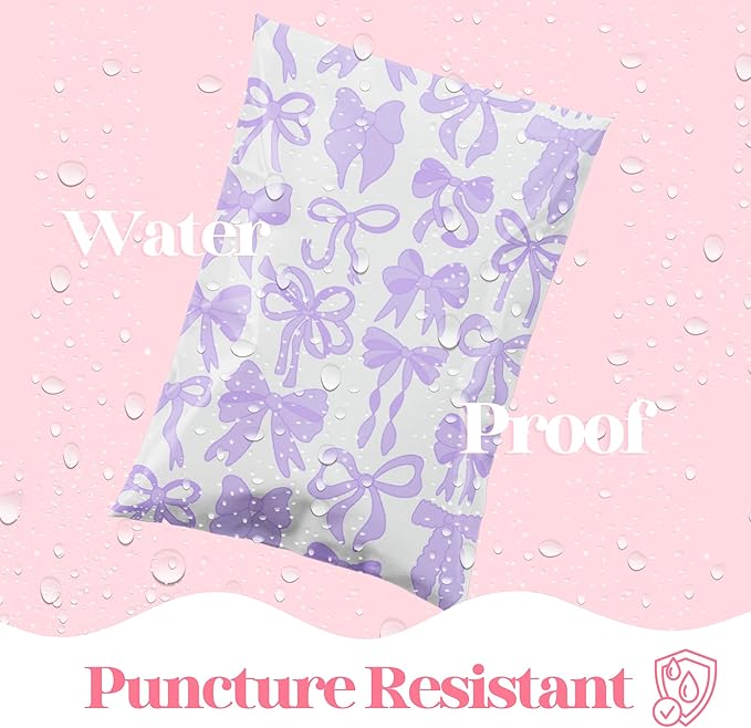 10x13 Designer Poly Mailer 100 Pack Heavy Duty Waterproof Self Seal Shipping Bags for Small Business Large Mailing Envelopes Bulk Tear Resistant Packaging Purple Bows
