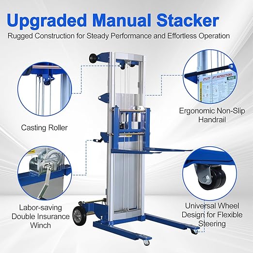 122" Material Lift Winch Stacker, 400 lbs Capacity Manual Material Lifts, Adjustable Straddle Material Lifter, Hand Winch Lift Trucks for Warehouse, Factory, Lightweight, 42.90" L x 43.30" W