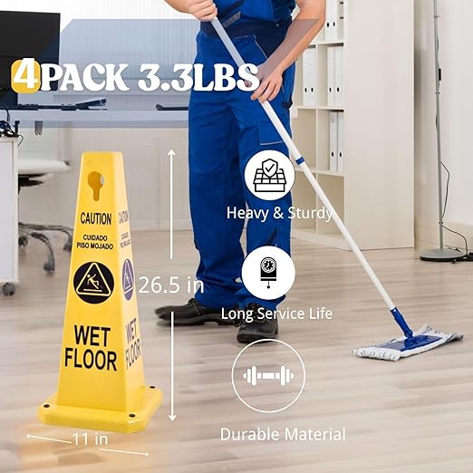 BESEA Caution Wet Floor Signs 4Pack Heavy Duty Caution Cones to Avoid Slipping When Wet Sign, Yellow 4 Sides Bilingual Printing Avoid Fall Slip Accident for Indoors&Outdoors