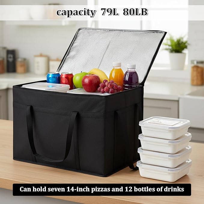 3-Pack Insulated Food Delivery Bag, Insulated Bags for Doordash, XXXL Pizza Delivery Bags, Large Capacity Cooler Bag for Grocery Shopping and Catering, Warmer/Frozen(Black)