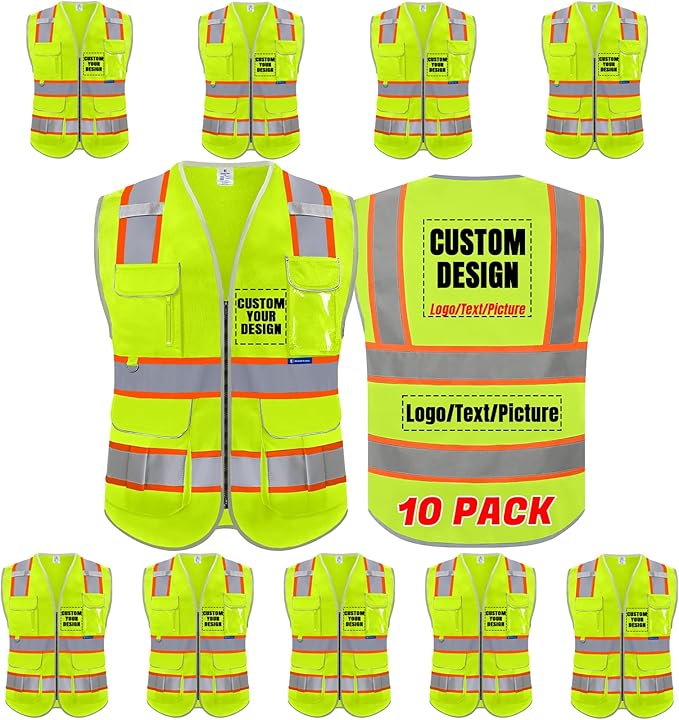 BeautyWill Custom Logo 10 Pockets Safety Vest Class2 ANSI Certified High Visibility Reflective Vest