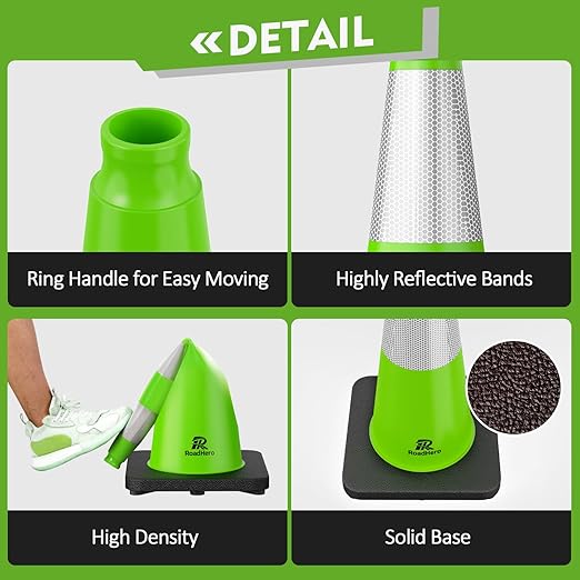 RoadHero 8 Pack Traffic Safety Cones 28 Inch with Black Weighted Base, Plastic PVC Lime Green Cone with Reflective Collar, Cones for Parking Lot, Construction Events, Road Safety