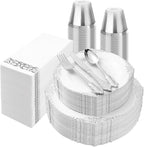 350PCS Silver Plastic Plates for 50 Guests, Disposable Dinnerware Set Includes 100 Disposable Plates, 150 Silver Silverware, 50 Cups, 50 Napkins for Party & Wedding