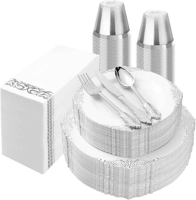 350PCS Silver Plastic Plates for 50 Guests, Disposable Dinnerware Set Includes 100 Disposable Plates, 150 Silver Silverware, 50 Cups, 50 Napkins for Party & Wedding