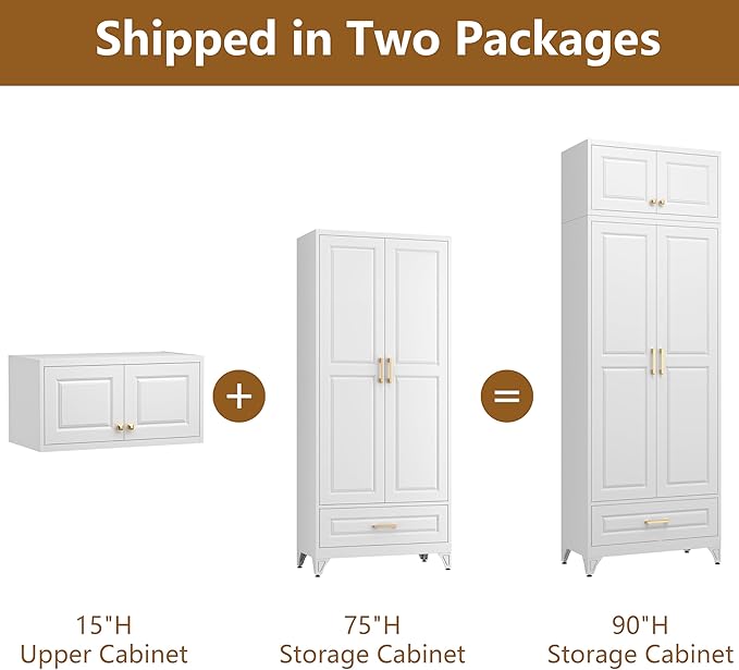 Kitchen Pantry Cabinet, Metal Storage Cabinet with One Drawer, 90" Tall Pantry cabinets with Doors and Shelves, for Living Room, Dining, White,16" D x 32" W x 90" H, Assembly Required