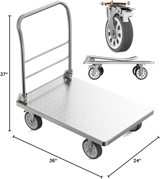 Heavy Duty Platform Truck Cart, Flatbed Cart Folding Hand Trucks, 2200lbs, with 6" Swivel Brake Casters, Foldable for Easy Storage (36" x 24")