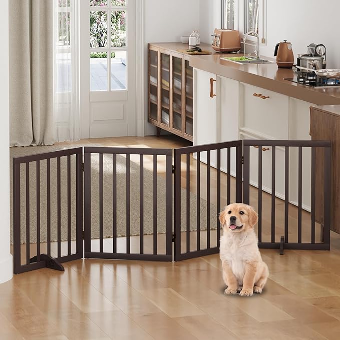 Dog Gate, Freestanding Dog Gates for Doorways, Foldable Dog Gate Indoor, Pet Gates for Doorways Bedroom, Puppy Gate with Metal Support Feet, Room Divider 4 Panels (Brown)