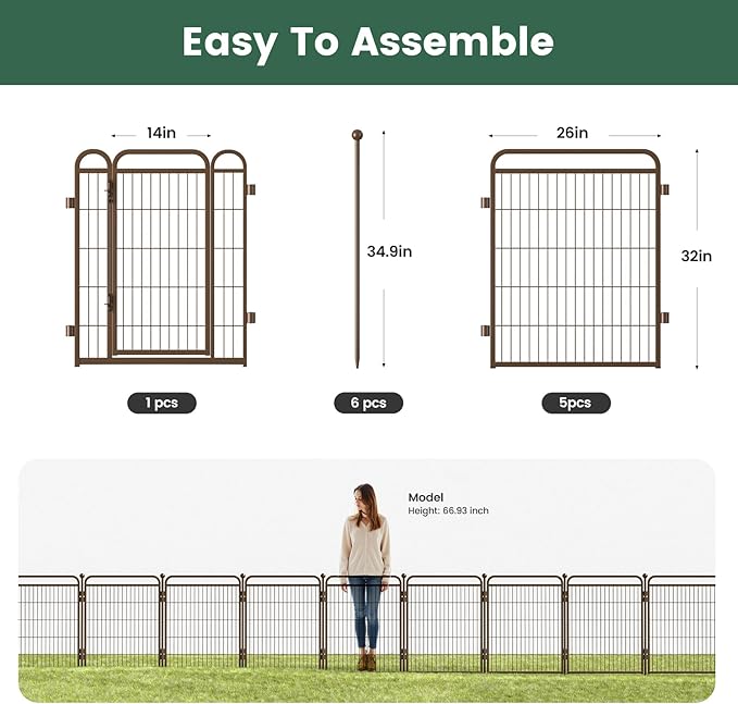 32 in(H) Decorative Garden Fence Outdoor for Yard with Gates,Heavy Duty Iron 6 Panels Total 13ft(L) Anti Dig Fence with Gravity Automatic Lock for Indoor/Outdoor Decorative Dog Fence,Brown