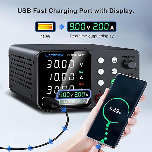 DC Power Supply Variable, 30V 10A Adjustable Switching Regulated Bench Power Supplies with Memory Preset/Locking Key/OCP Protection/Output/USB Fast Charging /4-Digit LED Display