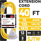 EP 40 Ft 12 Gauge Heavy Duty Extension Cord, 15A 125V 1875W, 3 Outlet Indoor/Outdoor Power Cord with Lighted End, 12/3 SJTW Weatherproof Yellow, UL Listed