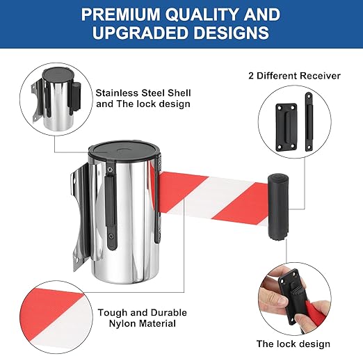 PATIKIL Fixed Wall Mount Retractable Belt Barrier, 2 Pcs 16.4 Feet Fixed Retractable Belt Barrier with Steel Case for Crowd Control Grocery Retail Store Stadium, Silver Tone/Red/White