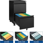 2 Drawer Vertical File Cabinet - Mobile Filling Cabinet with Lock for Legal/Letter Files - Office Storage File Cabinet with Wheels Under Desk - Assembly Required