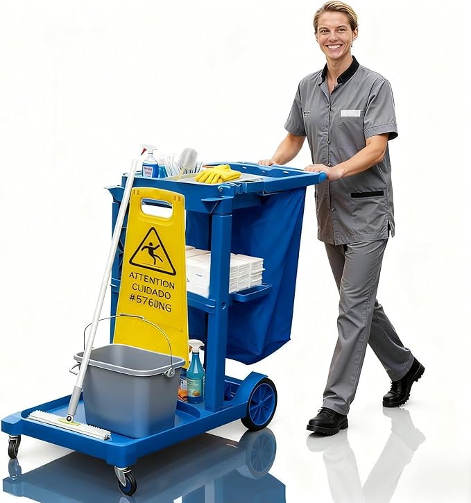 PYY Janitorial Cart - 3-Shelf & 2 Bins Cleaning Carts On Wheels, Smooth Swivel Caster, 65L Collection Bag, 300LBS Load Capacity, Sturdy Cleaning Cart for Housekeeping, Janatorial Cleaning (Blue)
