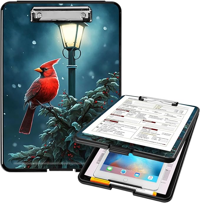 A4 Clipboards,Heavy Duty Waterproof Nursing Plastic Folder Clipboard with Storage Clip Boards,File Folder Storage Box Clipboard Case for Teacher,Doctor,Offices,Northern Cardinal Bird