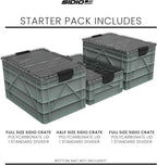 SIDIO CRATE Starter Pack - Two Full Size and One Half Size Heavy Duty Stackable Storage Bins, Totes with Lids and Dividers - Durable Organizer for Home, Office, Garage, and Outdoor Use - Stealth