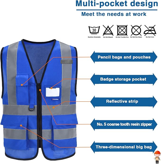 A-SAFETY Blue Safety Vest Reflective Work Vest,Hi Vis Bright Neon Color with 4 Reflective Strips 7 Pockets,XXL