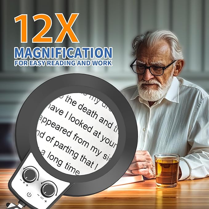 HITTI 12X Magnifying Glass with Light, 2025 New Upgrade Infinite Color and Stepless Dimming Desk Large Lamp & Clamp, 2-in-1 LED Hands Free Lighted Magnifier Stand for Crafting Hobby Soldering Reading