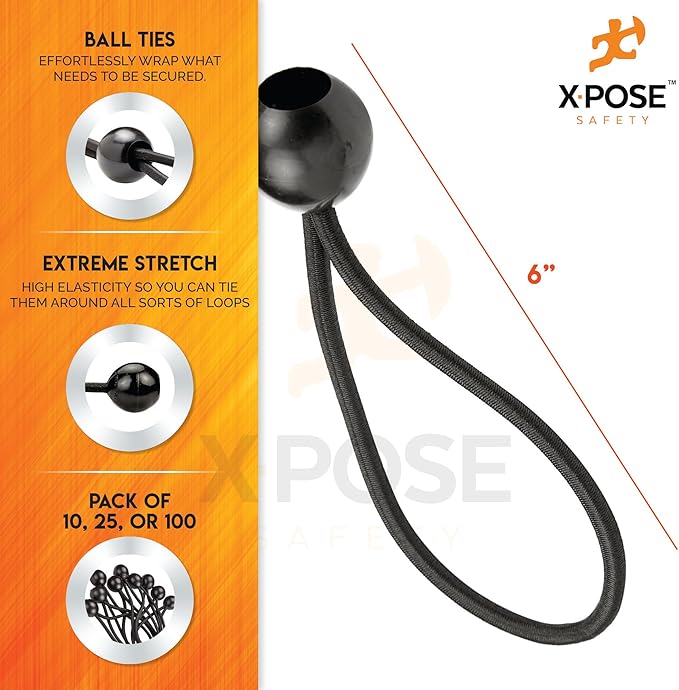 Xpose Safety Bungee Ball Cords 6" 10 Pack Heavy Duty Black Stretch Rope with Ball Ties for Canopies, Tarps, Walls, Cable Organization