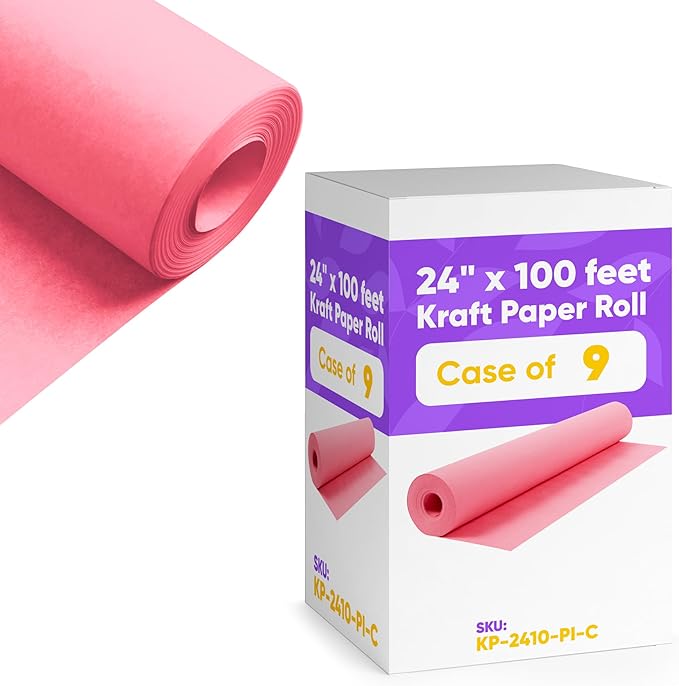 24" x 1200" (100 ft) Pink Kraft Paper (Case of 9 Rolls), 45 lbs Thickness, Made in USA Kraft Paper for School, Art Colored Paper, Gift Wrapping Paper, Packing Paper for Moving
