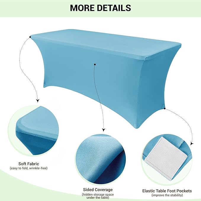 Obstal 6 Pack Stretch Spandex Table Covers for 6 Foot Tables - 6 FT Rectangular Fitted Tablecloth Protector for Wedding, Banquet, Party (Light Blue, 72'' Length x 30'' Width x 30'' Height)