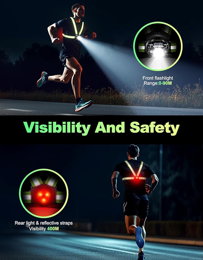 Running Lights for Runners, 500 Lumens Running Light with Rear Light, 45° Adjustable Tilt & IPX4 Waterproof Rechargeable Reflective Vest Gear for Night Walking/Cycling/Jogging/Hiking