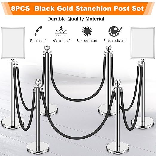 Blulu 8 Sets Stainless Steel Stanchion Set 8 Crowd Control Poles 7 Velvet Ropes and 2 A4 Sign Holders Carpet Ropes and Hollow Base Poles Easy Assembly Safety Barrier for Event Party(Silver)