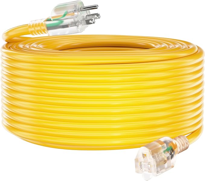 HUANCHAIN 50 ft 12/3 Gauge Heavy Duty Outdoor Extension Cord Waterproof with Lighted, Flexible Cold Weather 3 Prong Electric Cord Outside, 15A 1875W 125V 12AWG SJTW, Yellow, ETL Listed