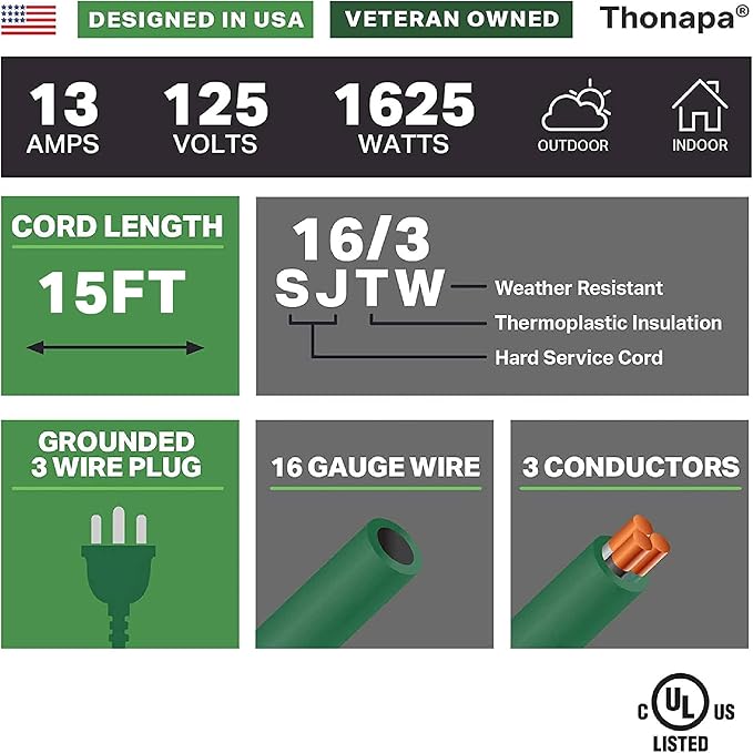 Weatherproof Green Extension Cord 15 ft, 2 Pack, 16/3 SJTW Water Resistant Outdoor Extension Cord 15 Foot 3 Prong, 13 AMP Electric Cable for Outside, Outdoor Lights & Landscaping