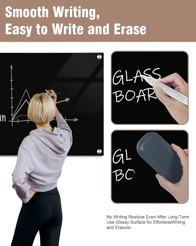 Mifuro Magnetic Glass Whiteboard，36"x24" Wall Mounted Frameless Dry Erase Board for Office, Home & School Black