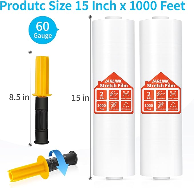 JARLINK Stretch Film, 15 Inch x 1000 Feet Shrink Wrap for Pallet Wrap, Industrial Strength Stretch Wrap with Handles, Moving Wrapping Plastic Roll, 60 Gauge, 2 Pack, Clear