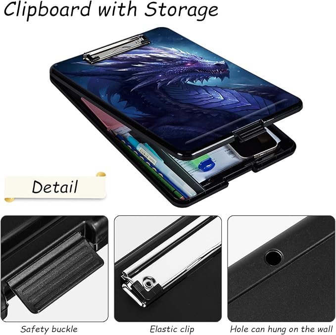 Clipboard with Storage, High Capacity Plastic Storage Clipboard with Pen Holder for for Women Teachers Work, School & Office Supplies, Cute Pattern Decorative Clipboards, Purple Dragon