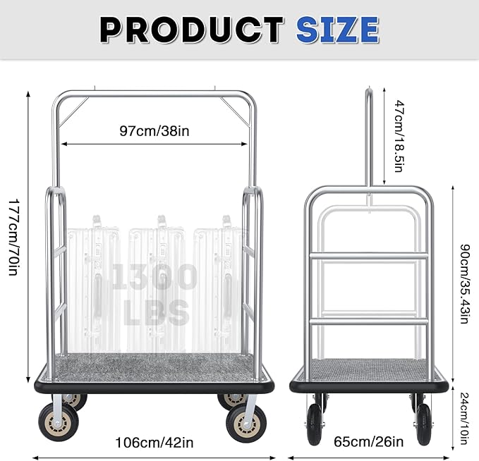 Hotel Luggage Cart, 1300LBS Load Capacity Bellman's Cart with 8" Wheels, Brushed Stainless Steel Commercial Grade Hotel Luggage Trolley with Grey Carpeted Deck for Hotels (42''L x 26''W x 70''H)