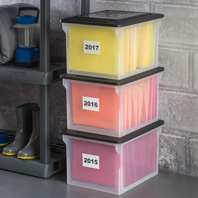 Sterilite 8 Pack File Box Organizer Storage Tote, Clear Bankers Box with Black Lid