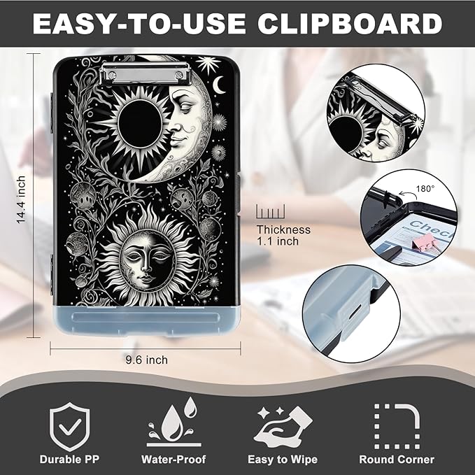 Clipboard with Storage,Heavy Duty Plastic Storage Clipboard with Low Profile Clip,Teacher Must Haves,Office Supplies,Soon Moon Stars Black