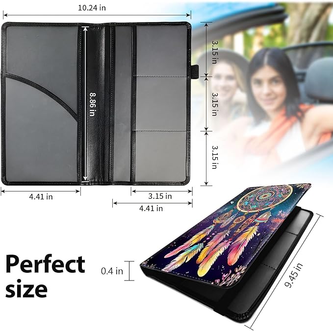 Car Registration and Insurance Holder, Leather Car Glove Box Organizer, Cool Car Accessories for ID, Driver's License Cards & Essential Document,business cards,Men&Women,Dream Catcher