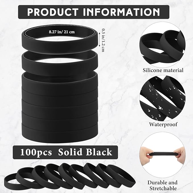 Liliful 100 Pcs Silicone Rubber Wristbands Rubber Wristband Bracelet Bands for Silicone Wristbands for Women Men(Black)