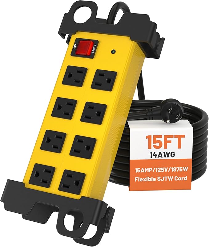 8 Outlet Heavy Duty Power Strip, 2700J Surge Protector with 15FT Extension Cord, Industrial Metal Powerstrip 15Amp, Wall Mount for Garage Workshop Outdoor Home Office, Wide Spaced (15ft)