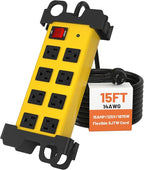 8 Outlet Heavy Duty Power Strip, 2700J Surge Protector with 15FT Extension Cord, Industrial Metal Powerstrip 15Amp, Wall Mount for Garage Workshop Outdoor Home Office, Wide Spaced (15ft)