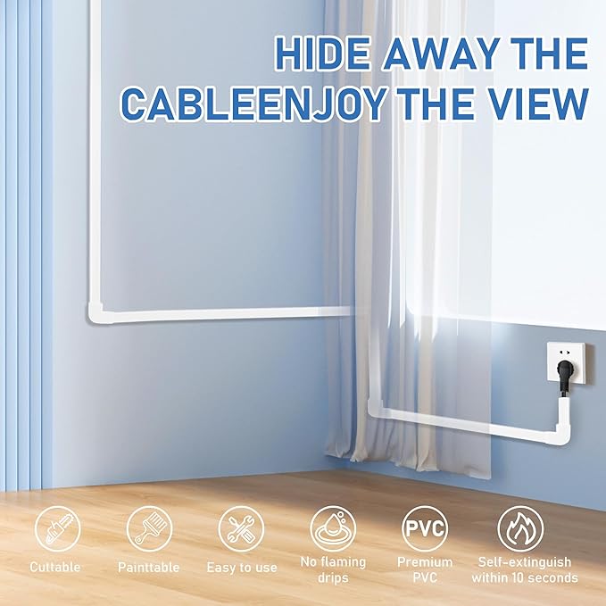 Small Wire Covers on Wall - One Cord Channel Cable Management System - Cable Cover on Wall for Home and Office, 8-Pack 125 inch, White