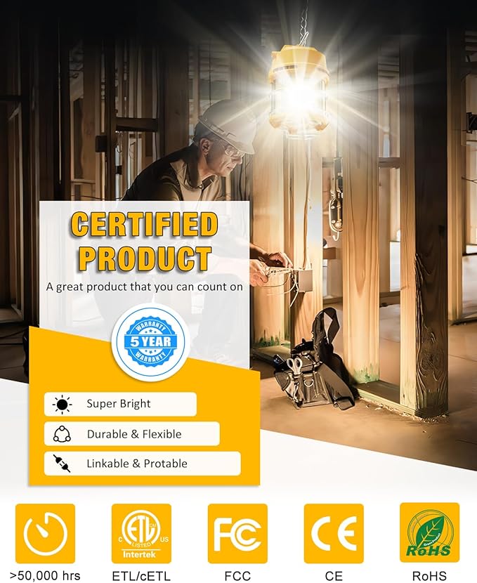 60W LED Temporary Work Lights - Construction Lighting Temp High Bay Fixture, Hanging Temporary Work Lights for Workshop Jobsite