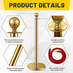 Ferraycle 12 Pcs Stainless Steel Stanchions Post Queue 5 ft Carpet Ropes and Poles Crowd Control Barriers Sand Injection Hollow Base and Velvet Ropes Set for Party Supplies(Gold, Red)