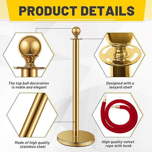 Ferraycle 12 Pcs Stainless Steel Stanchions Post Queue 5 ft Carpet Ropes and Poles Crowd Control Barriers Sand Injection Hollow Base and Velvet Ropes Set for Party Supplies(Gold, Red)